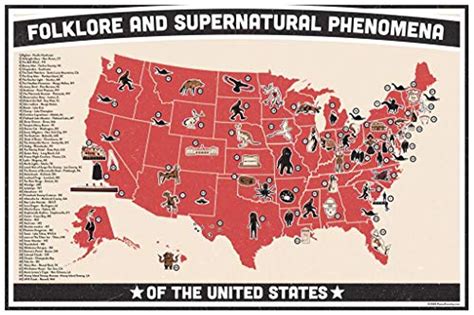 Folklore and Supernatural Phenomena of The United States Map Chart Bigfoot Spooky Urban Legends ...