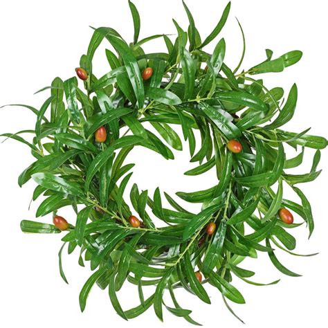 Artificial Olive Leaves Wreath, 16" Fake Olive Branch Spring Wreath with Red Olives for Front ...