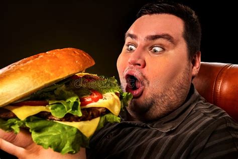 Fat Man Eating Fast Food Hamberger. Breakfast for Overweight Person ...