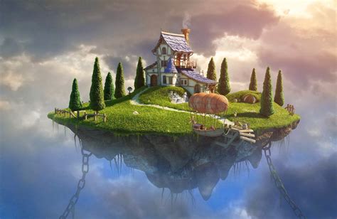 White and purple wooden house on floating land, fantasy art, digital art, house, trees HD ...