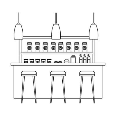 Coffee shop interior products shelving counter lamps vector illustration • wall stickers wooden ...
