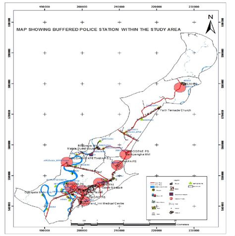 Map showing buffered police station at 1.6 km | Download Scientific Diagram