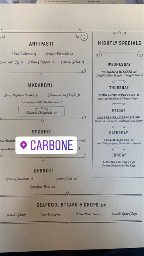 Menu at Carbone New York restaurant, New York City, 181 Thompson St