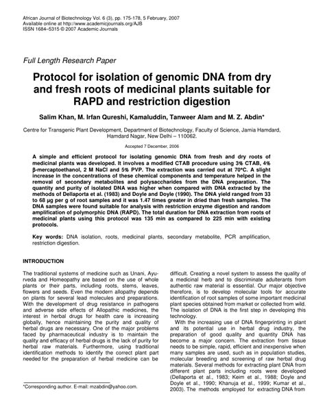 (PDF) Protocol for isolation of genomic DNA from dry and fresh roots of medicinal plants ...