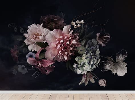 Dark Floral Wallpaper With Peony Bouquet, Peel and Stick Wall Mural, Flower Wall Decor ...