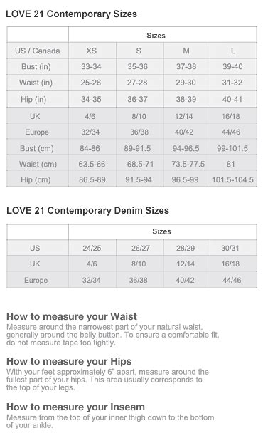 Forever 21 - Love21 Size Chart | Size chart, 21st, Forever 21