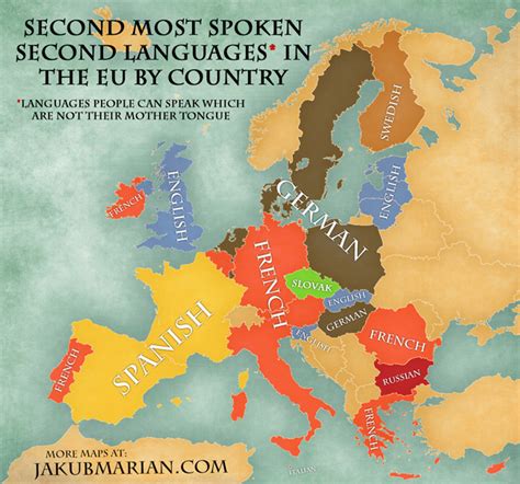 Map of the most spoken foreign languages in the EU by country