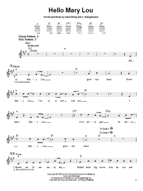 Ricky Nelson "Hello Mary Lou" Sheet Music Notes | Download Printable ...