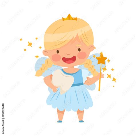 Cute Little Tooth Fairy with First Baby Tooth and Wand Vector Illustration Stock Vector | Adobe ...