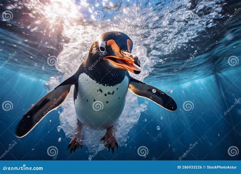 Penguin Swimming In The Blue Ocean. Penguin Swimming Underwater, A ...