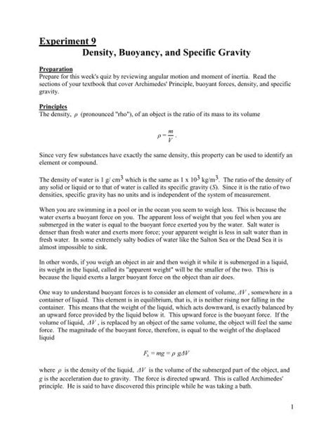 Experiment 9 Density, Buoyancy, and Specific Gravity