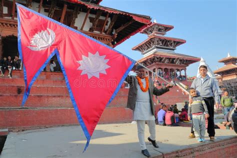 Man Holding Nepalese Flag on Durbar Square in Kathmandu Editorial Stock ...