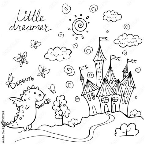 Doodle cute little dragon and castle isolated on white. Little dreamer ...