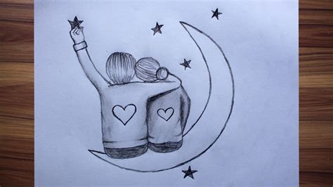 How to draw Romantic Couple sitting on the Moon || Pencil sketch step ...