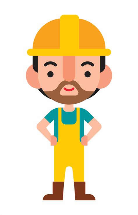 Cartoon cute construction worker character wears safety helmet and costume with his arm on waist ...