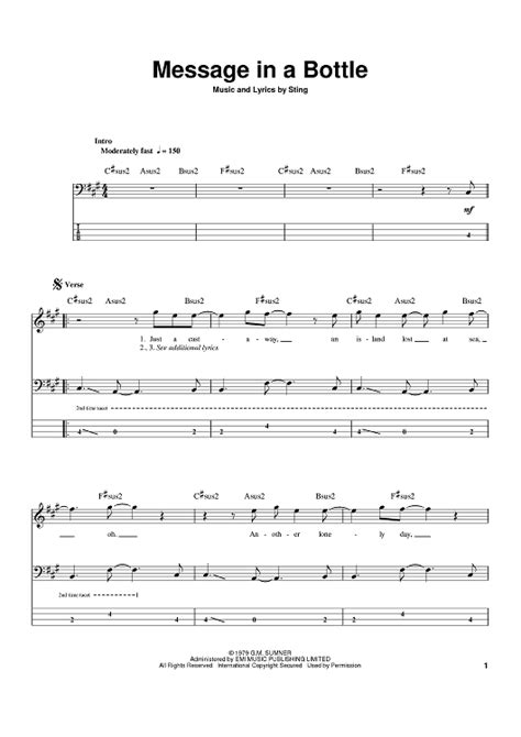 Message In A Bottle" Sheet Music by Sting; The Police for Bass Tab - Sheet Music Now