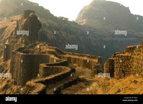 Fort fencing and rock near Suvela Machi at Rajgad fort ; District Stock ...