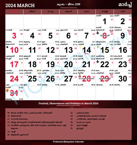 Malayalam Calendar 2024, March