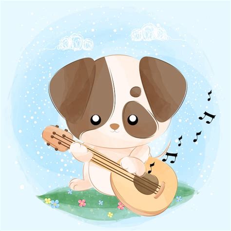 Premium Vector | Cute little puppy playing guitar