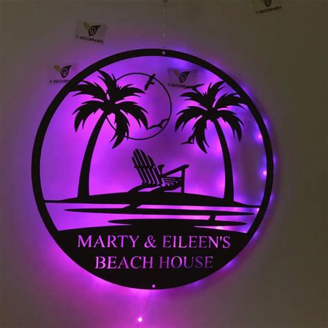 Custom Palm Tree Metal Sign With Led Lights, Tropical Beach Metal Wall Art, Metal Beach Sign ...