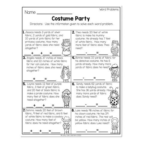 2nd Grade Math Worksheets - Word Problems - Word Problems - Costume ...