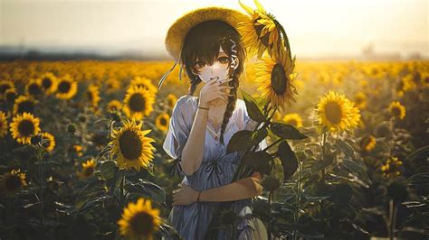 HD wallpaper: anime, collage, fantasy girl, sunflowers, field ...