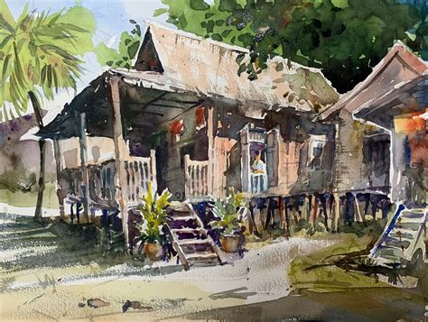 Malay kampung Watercolour by Brian Tai | Art village, Watercolor landscape, Village drawing