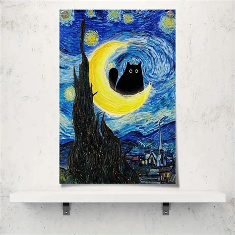 Starry Night Cat Canvas Wall Art Colorful Abstract Farmhouse - Temu