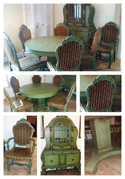 several different pictures of an old fashioned dining room table and chairs with matching ...