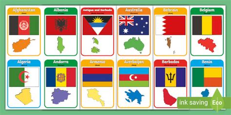 Flags of the World with Continent Colour Coding Cards