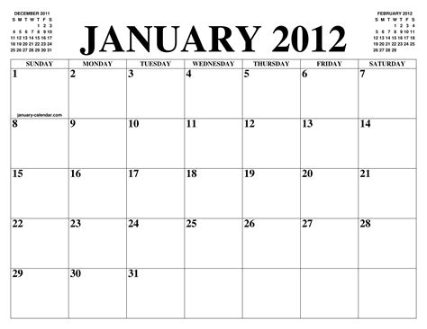 JANUARY 2012 CALENDAR OF THE MONTH: FREE PRINTABLE JANUARY CALENDAR OF THE YEAR - AGENDA