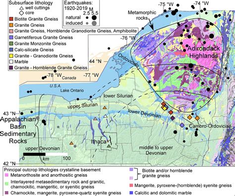 Map of geology and historical earthquakes in New York State. Geological... | Download Scientific ...