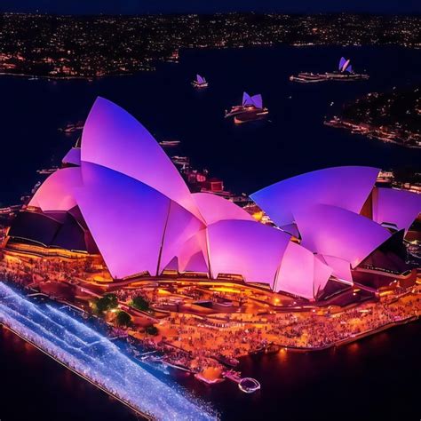 Premium AI Image | Sydney Opera House Drone View at Night Generative Ai