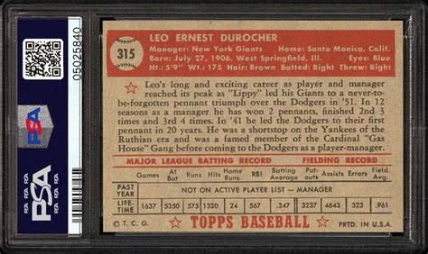 1952 Topps Leo Durocher | PSA CardFacts®