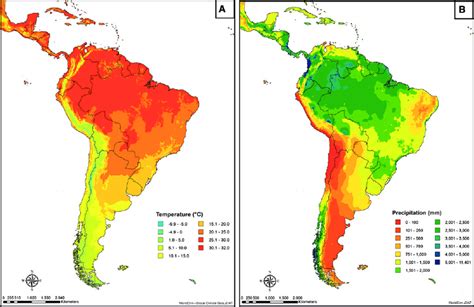 Average temperature (A) and precipitation (B) in South America.... | Download Scientific Diagram