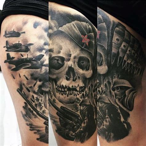 Gorgeous WW2 themed black ink military tattoo on thigh - Tattooimages.biz