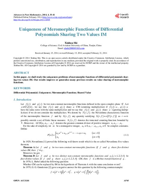 (PDF) Uniqueness of Meromorphic Functions of Differential Polynomials Sharing Two Values IM ...