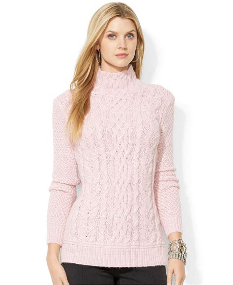 Lauren by ralph lauren Petite Cable-knit Turtleneck Tunic Sweater in Pink | Lyst