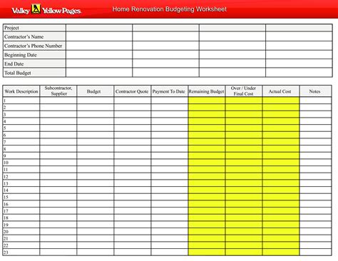 Home Renovation Budget Worksheet | Templates at allbusinesstemplates.com