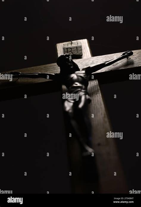 Jesus on the cross looking down on his followers. The crucifixion. A ...