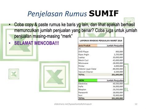 Belajar MS Excel - Rumus Sumif (penjumlahan pintar, memilih data berdasarkan kriteria) | PPT