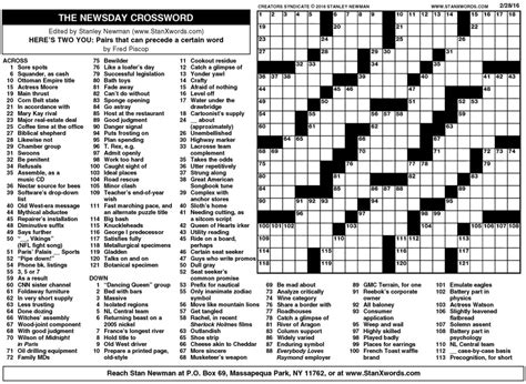 Newsday Crossword Sunday for Feb 28, 2016, by Stanley Newman | Creators ...