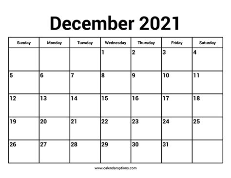 December 2021 Calendar – Calendar Options