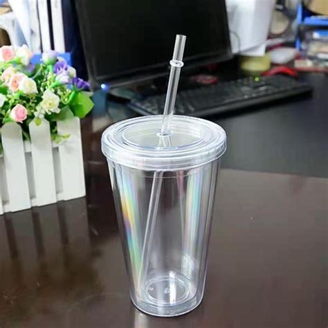 500ml Plastic Cups With Lid Iced Tumbler Water Cup with Straws Double-walled Ice Cold Drink ...