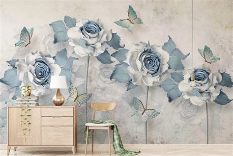 Floral Blue Elegant Flower Wallpaper Abstract Blue Flower Wall - Etsy