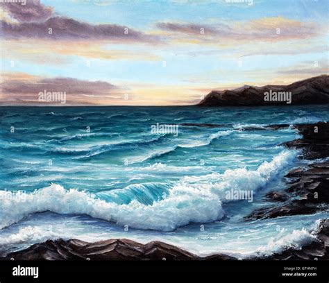 Original oil painting showing ocean or sea,shore or beach on canvas ...