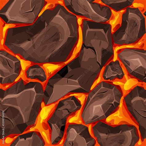 Lava, magma with stones in cartoon style seamless pattern background. Eruption effect, landscape ...