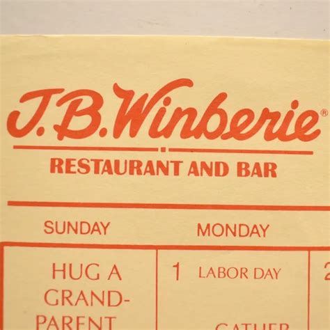 1986 J.B. WINBERIE Restaurant Bar Menu Calendar One Palmer Square Princeton NJ $44.50 - PicClick