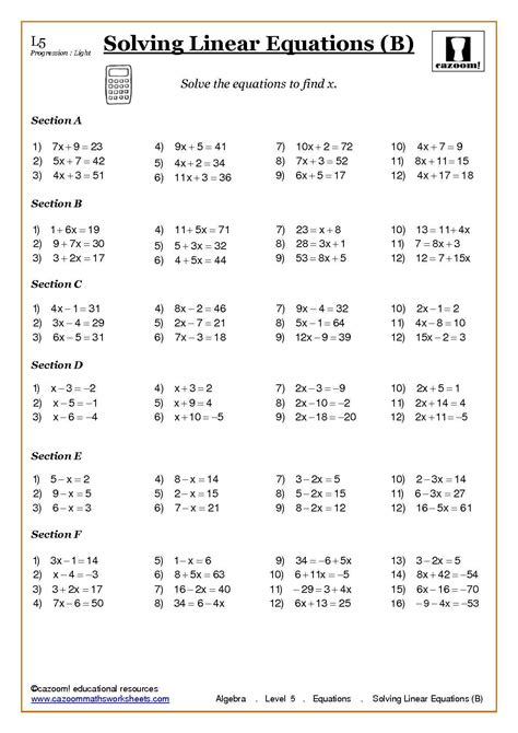 Linear Equations Free Printable Worksheets