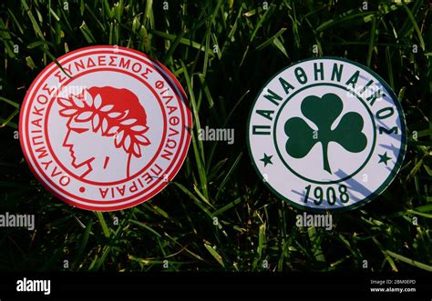 September 6, 2019 Athens, Greece The emblems of the Greek football ...